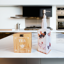 Load image into Gallery viewer, Handmade Chicken Soap Dispenser – rustic decoupage bottle crafted from recycled glass. A perfect farmhouse kitchen or bathroom gift, full of country charm.