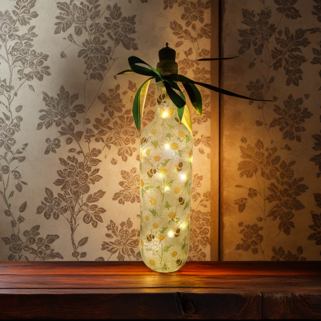 Bumble Bee and Daisies Bottle Lamp | Decoupage LED Light | Quantock Inspiration