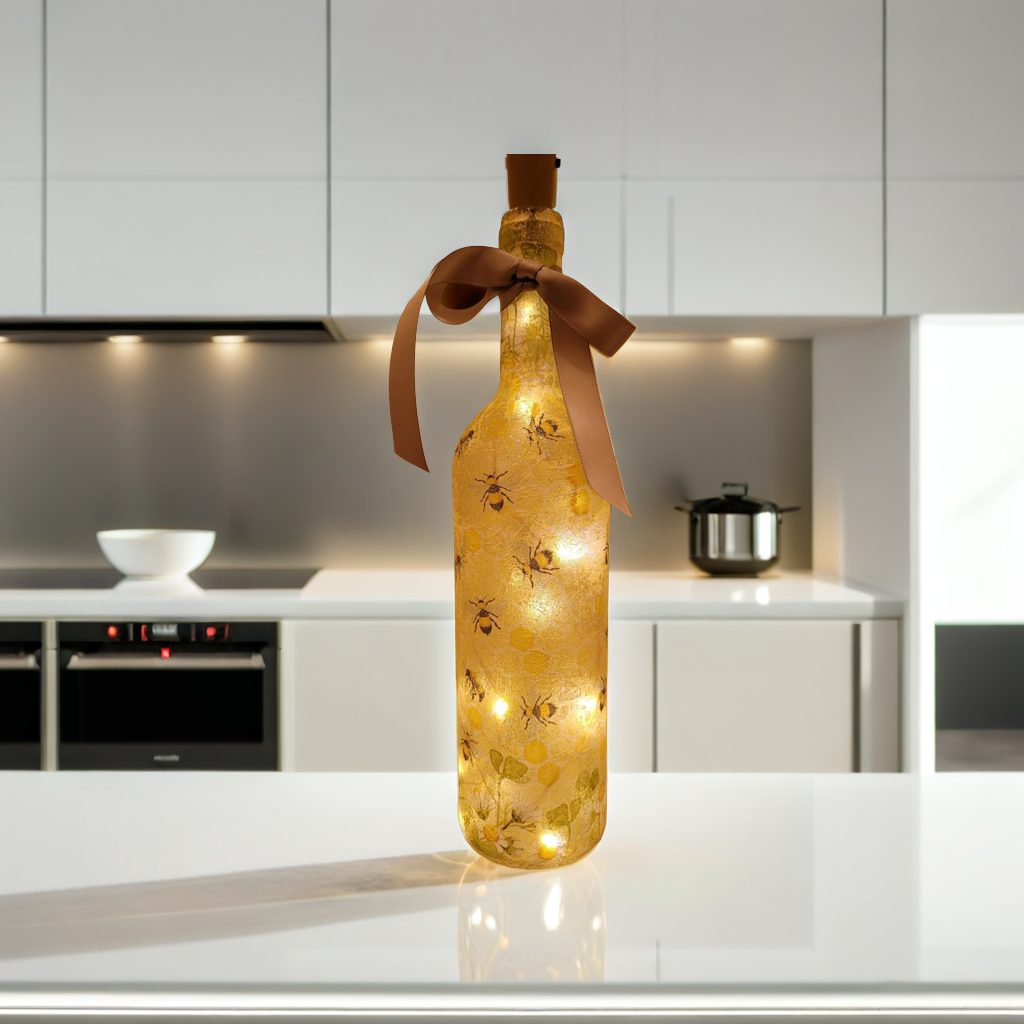 Bumble Bee Bottle Lamp | Decoupage LED Light | Quantock Inspiration
