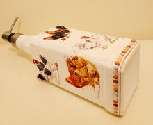 Load image into Gallery viewer, Jack daniels shaped bottle, painted white with chickens detailing around the sides, eggs around the edge at the bottom. Silver pump head