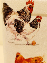 Load image into Gallery viewer, Black and white hen and brown hen on a white painted bottle