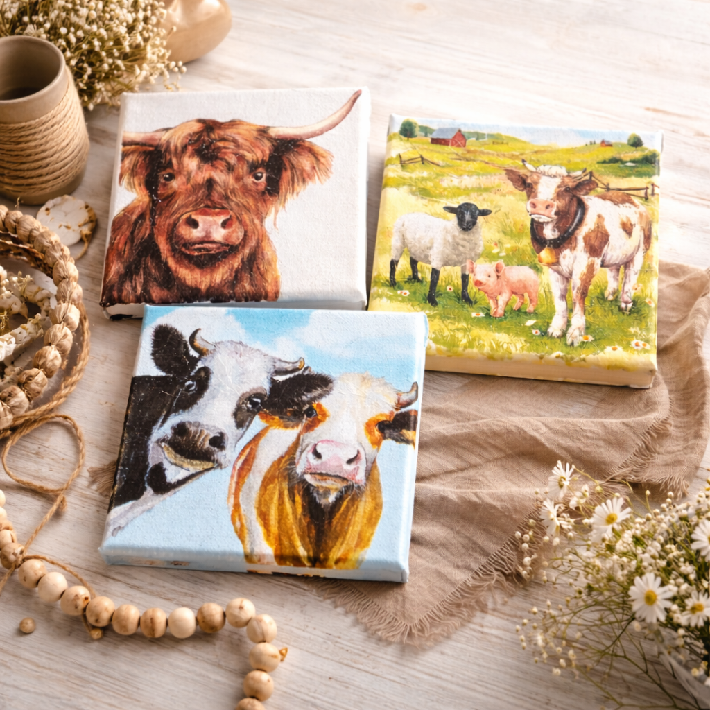Three small canvas pictures with cow and farmyard scenes