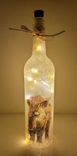 Load image into Gallery viewer, Lit up standard shape wine bottle with highland cow detailing on the front near the bottom. Gold ribbon tied around the neck of the bottle. Cork LED lights