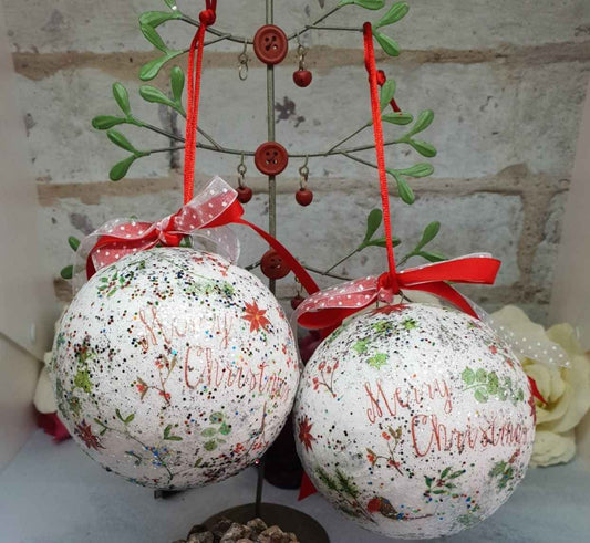 Merry Christmas Baubles | Handmade Decoupage Set of Two | Quantock Inspiration