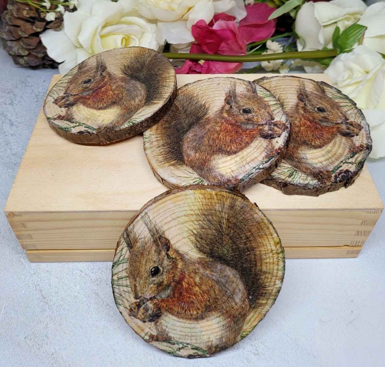 Natural Wood Slice Squirrel Coasters | Decoupage Set of Four | Quantock Inspiration