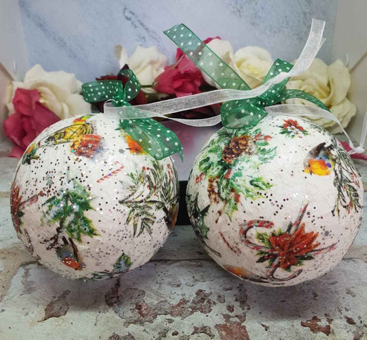 Robin Christmas Baubles | Decoupage Set of Two | Quantock Inspiration