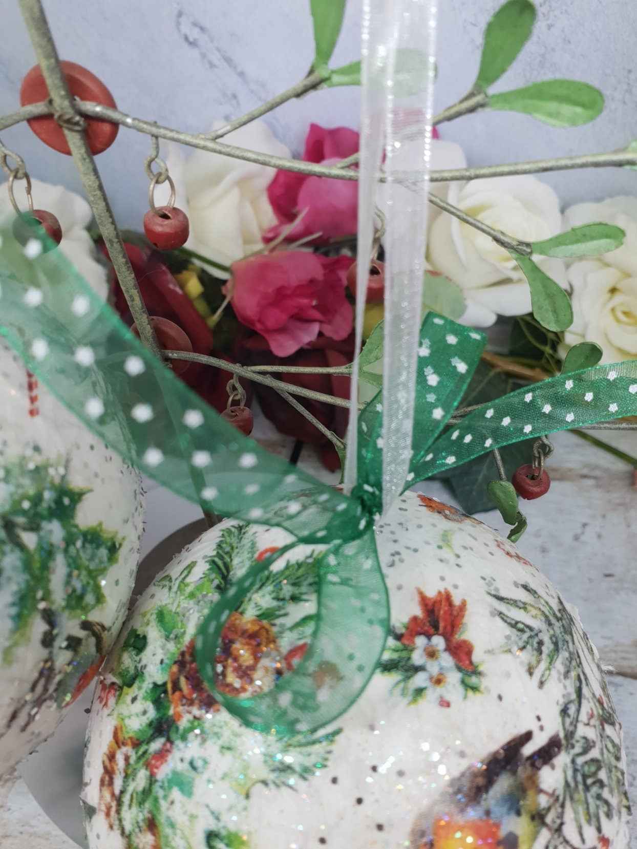 Robin Christmas Baubles | Decoupage Set of Two | Quantock Inspiration
