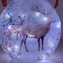 Load image into Gallery viewer, Decoupage Stag Light Up Bottle - Lit up Round glass bottle with Stag detailing. Red bow tied around the neck of the bottle, cork LED lights