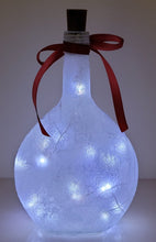 Load image into Gallery viewer, Decoupage Stag Light Up Bottle - Lit up Round glass bottle. Red bow tied around the neck of the bottle, cork LED lights