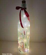 Load image into Gallery viewer, Wine bottle with ducks and ducklings on. Lit up with brown cork. Red ribbon embellishment