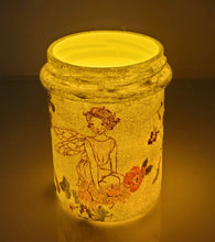 Load image into Gallery viewer, white painted jar with fairy detail, lit up