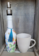 Load image into Gallery viewer, Glass bottle soap dispenser, decoupage soap dispenser, recycled bottle dispenser, soap dispenser - Quantock Inspiration