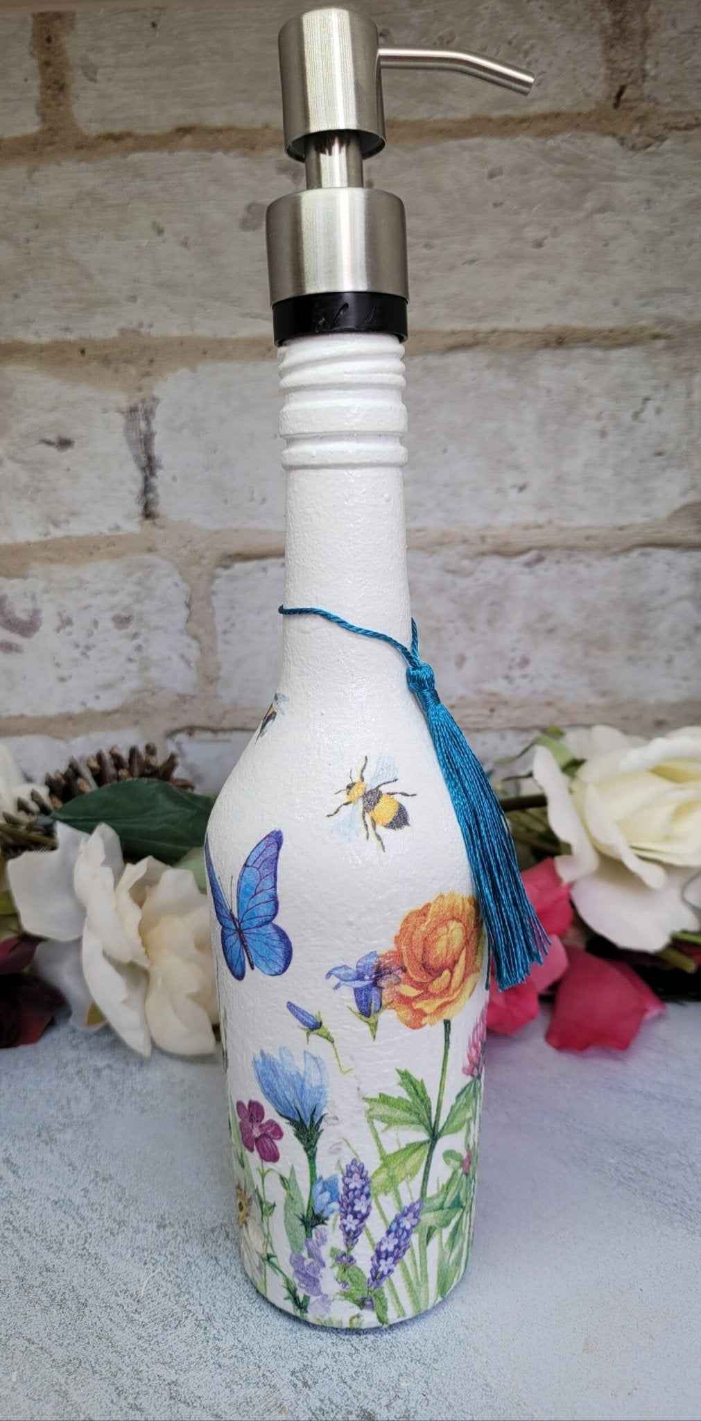 Floral Glass soap dispenser | Decoupage | Quantock Inspiration