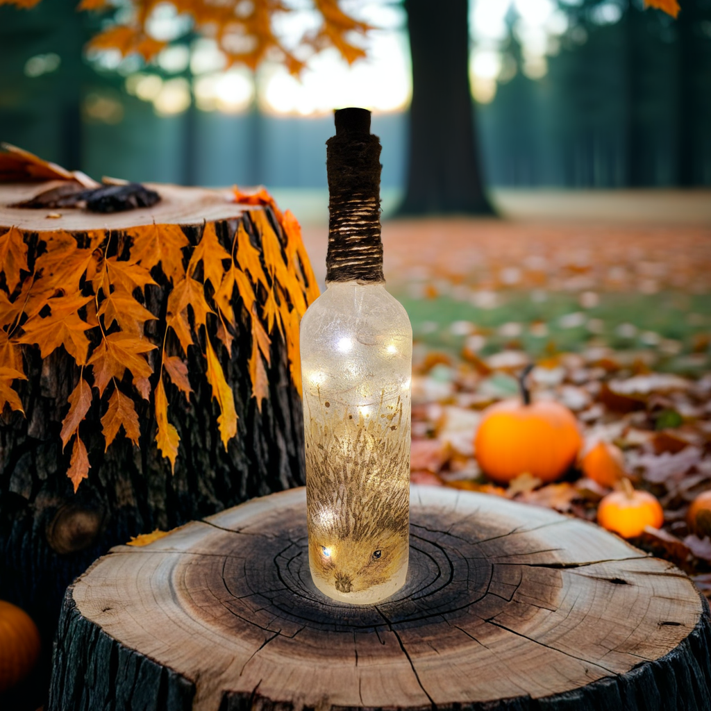 Hedgehog Bottle Lamp | Decoupage Jute LED Light | Quantock Inspiration