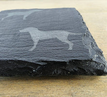 Load image into Gallery viewer, black slate coaster with two labrador etched images on - dogs facing eachother. Showing edge of coaster