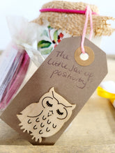 Load image into Gallery viewer, brown tag stating' the little jar of positivity and a beige owl decoration