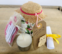 Load image into Gallery viewer, Small white painted jar with red and green berry leaf design. Pale organza bag with white and pink quotes, tealight candle, brown tag with 'little jar of positivity written on, white piece of rolled up paper, tied with yellow ribbon