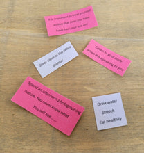 Load image into Gallery viewer, Pink and white pieces of velour paper with inspirational quotes written on them