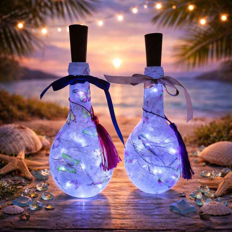 Pair of Miniature Bottle Lamps | Decoupage Floral and Butterfly LED Lighting | Quantock Inspiration