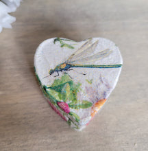 Load image into Gallery viewer, Heart-shaped box with a dragonfly and floral design on a wooden surface