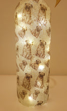 Load image into Gallery viewer, wine bottle decorated with tiny pug dog images.