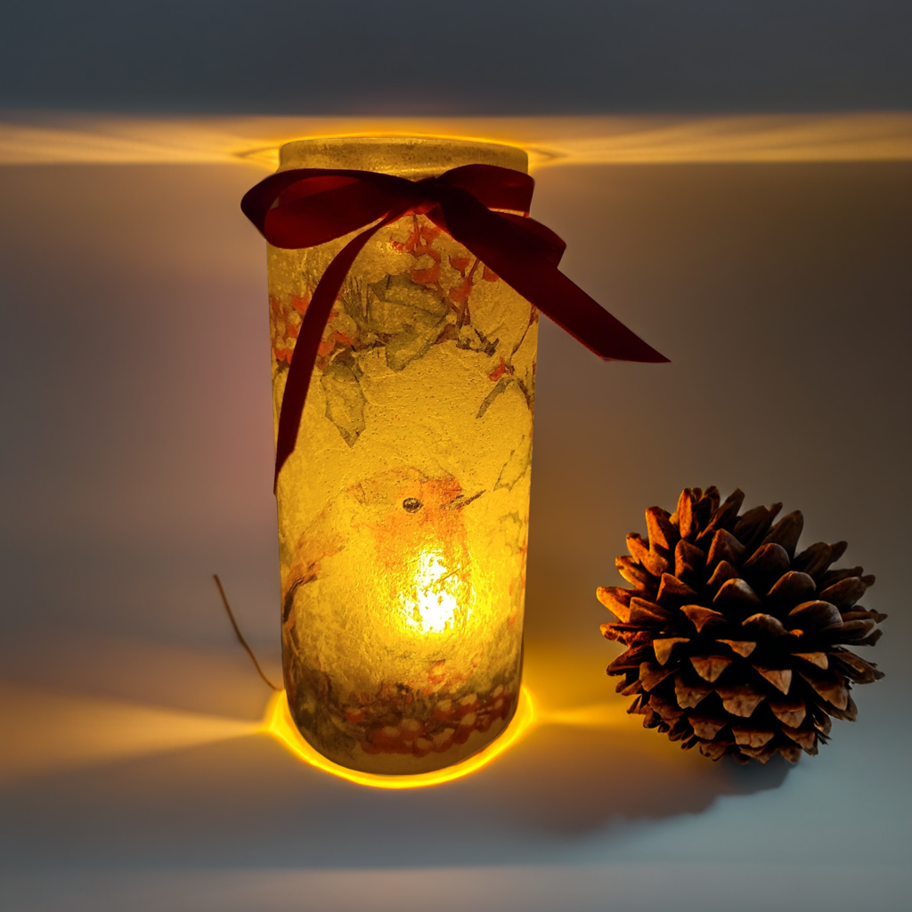 Robin Jar Lantern | Decoupage Glass | Quantock Inspiration