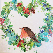 Load image into Gallery viewer, Decoupage artwork on canvas. Square design with a robin surrounded by holly, berries, and greenery on a white background.