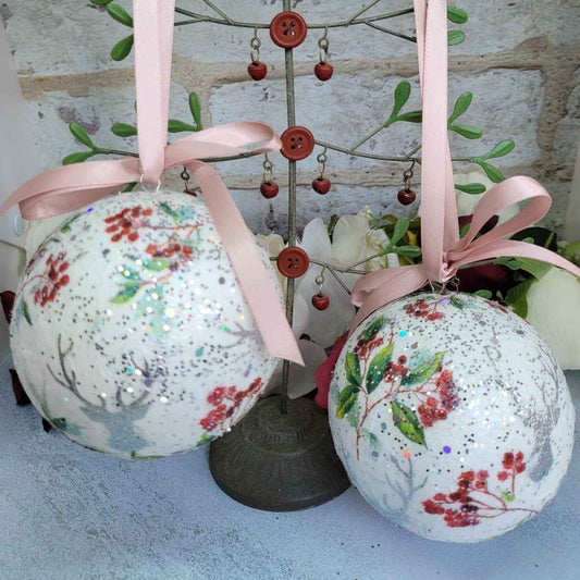 Stag and Berries Christmas Baubles | Decoupage Handmade Set of Two | Quantock Inspiration