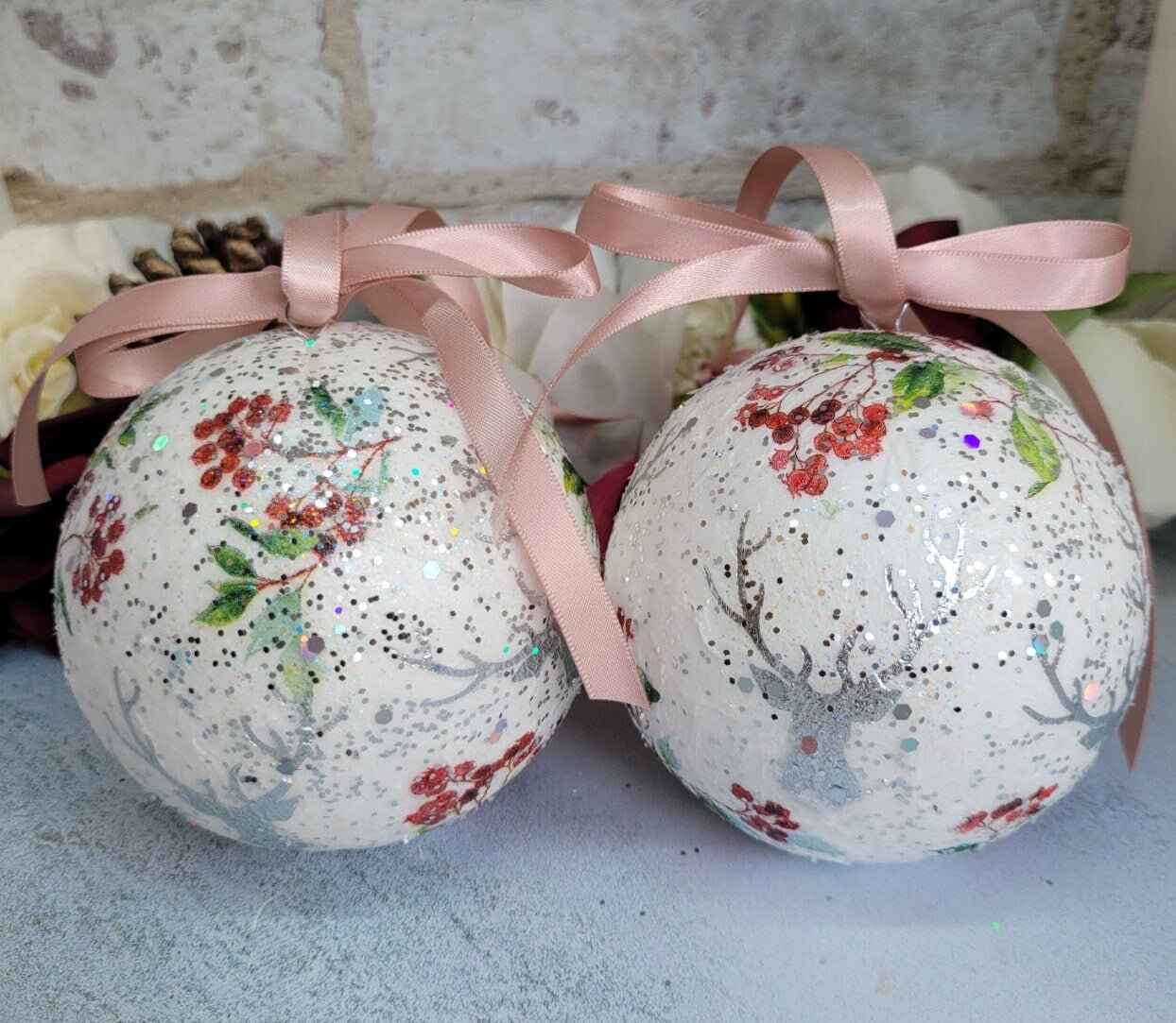 Stag and Berries Christmas Baubles | Decoupage Handmade Set of Two | Quantock Inspiration
