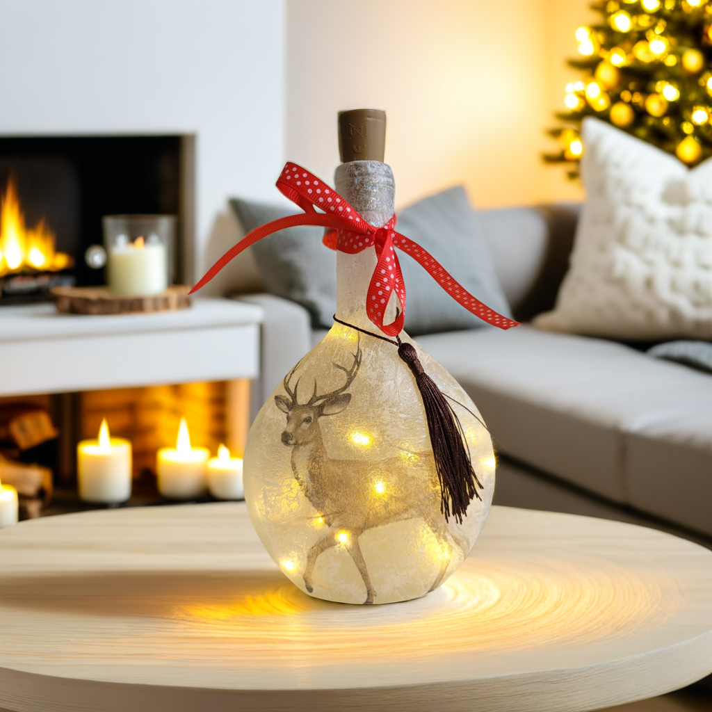 Stag Bottle Lamp | Round Decoupage LED Light | Quantock Inspiration