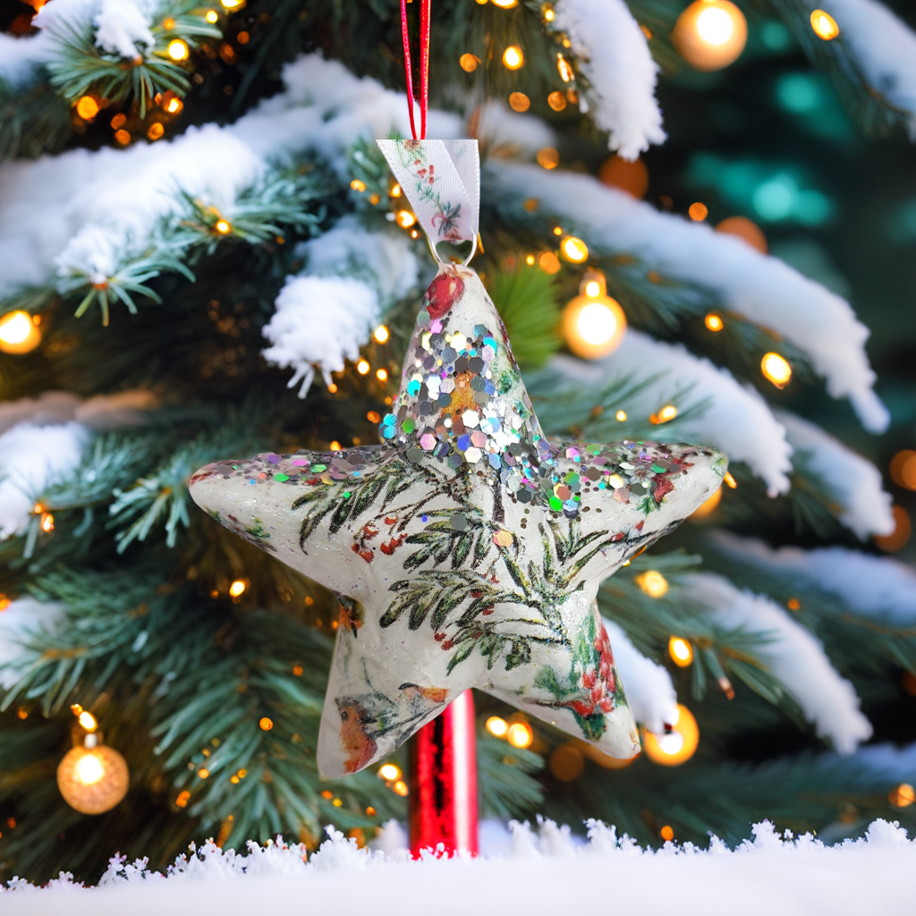 Star Christmas Baubles | Handmade Decoupage Set of Two | Quantock Inspiration