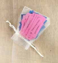 Load image into Gallery viewer, pale organza bag with pink and blue pieces of card inside with quotes on them