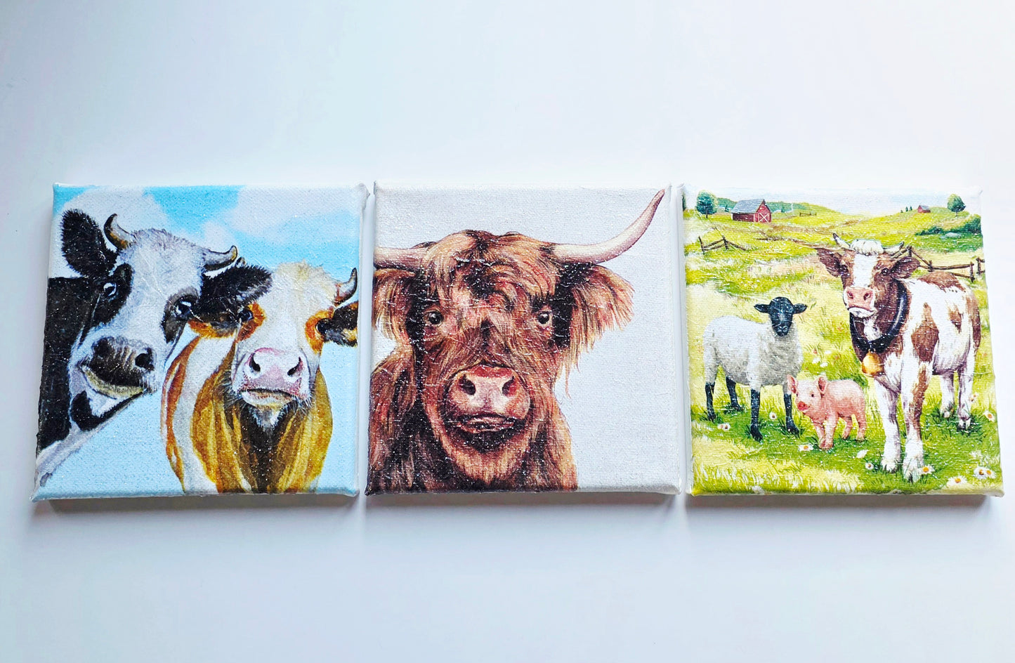 set of three cow pictures on square stretched canvas. Each has different design. Decoupage technique with sparkly finish.