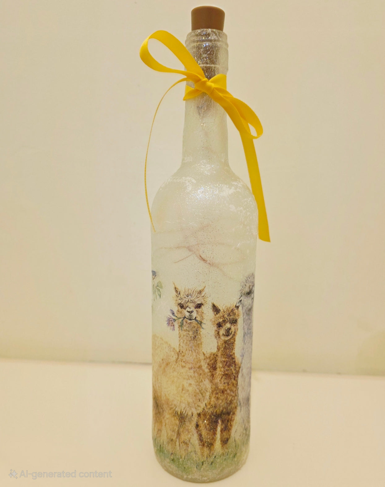 Decorative bottle with a yellow ribbon and image of three Alpacas on a plain background