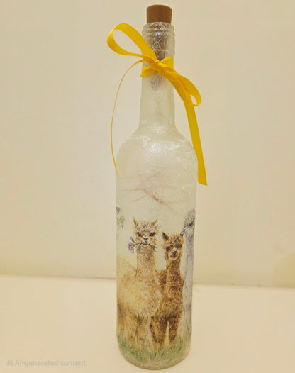 Decorative bottle with a yellow ribbon and image of three Alpacas on a plain background