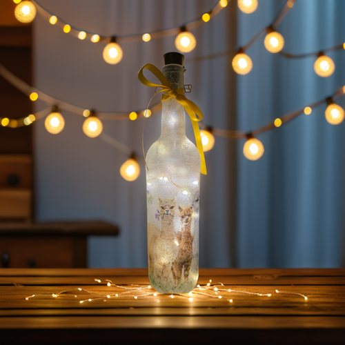 Decorative bottle with Alpacas on, lights and string lights in the background