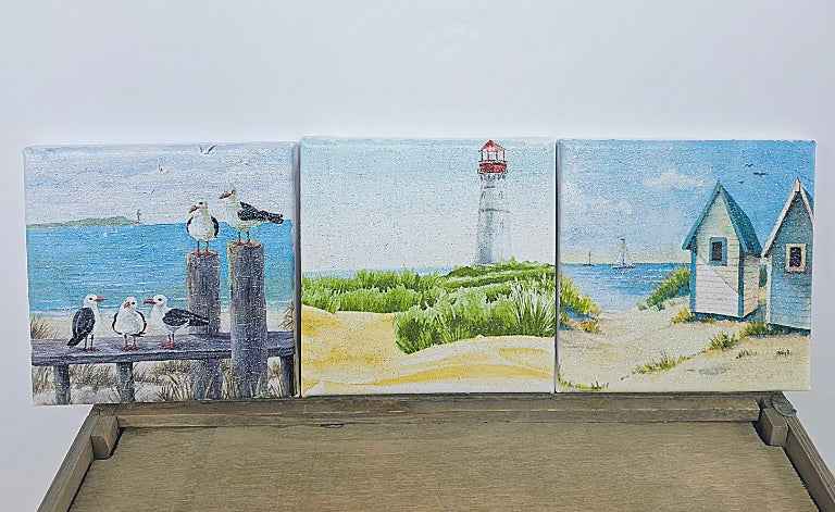 Coastal Beach Wall Art Set | Handmade Decoupage Canvas Trio | Quantock Inspiration