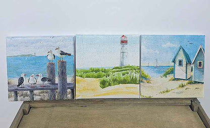 Coastal Beach Wall Art Set | Handmade Decoupage Canvas Trio | Quantock Inspiration