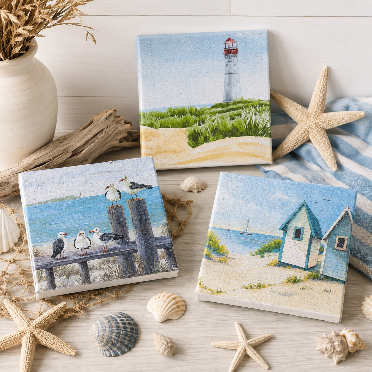 Three square canvas coastals with beach-themed paintings are arranged on a light wood surface with starfish, shells, driftwood, and a striped cloth. The canvases depict a lighthouse, seagulls on a dock, and small beach huts.