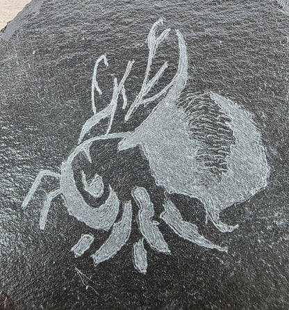 Carved design of a Bumble Bee on a dark stone surface