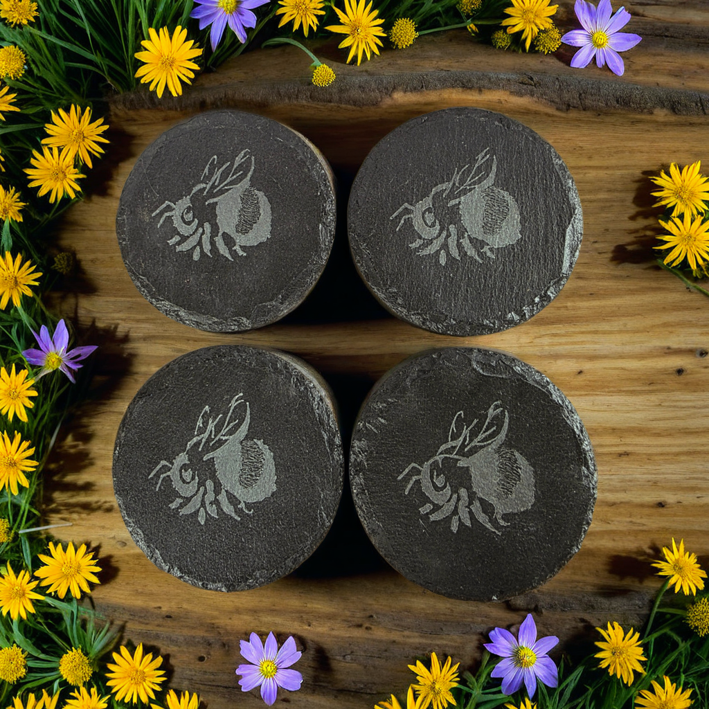 Bee Slate Coaster Set | Engraved Rustic Drink Mats | Handmade Farmhouse Gift for Bee Lovers