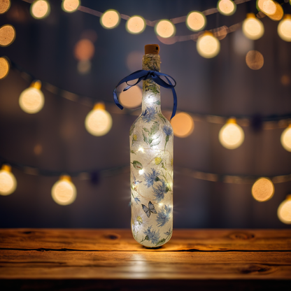 Blue Flowers and Butterfly Bottle Lamp | Decoupage LED Lighting | Quantock Inspiration