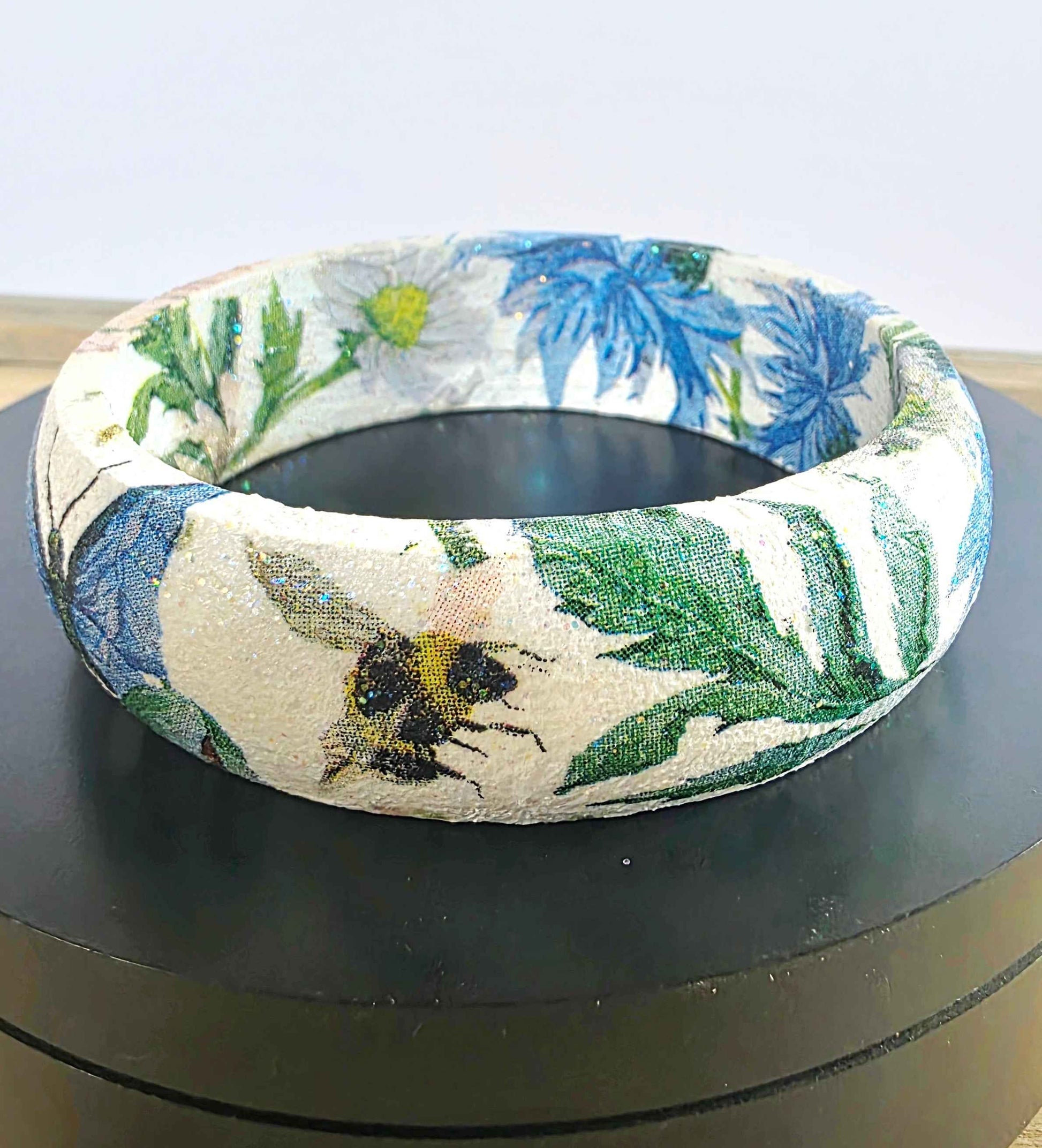 Wooden Floral Bangle | Decoupage Blue Butterfly Bracelet | Quantock Inspiration