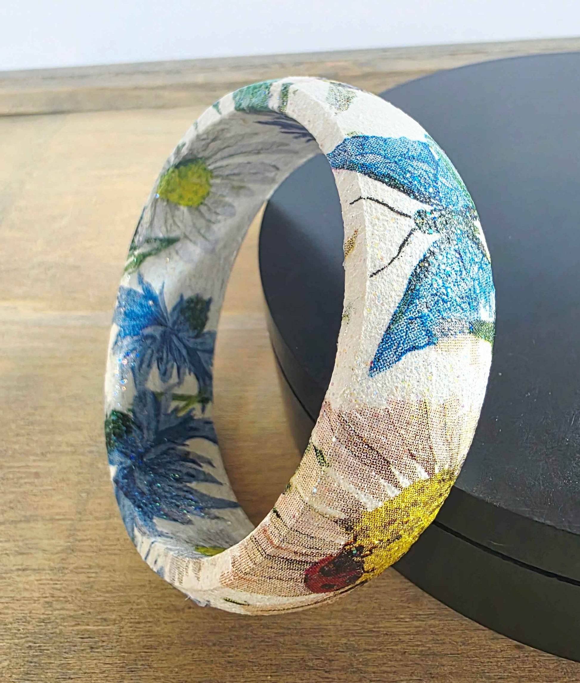 Wooden Floral Bangle | Decoupage Blue Butterfly Bracelet | Quantock Inspiration