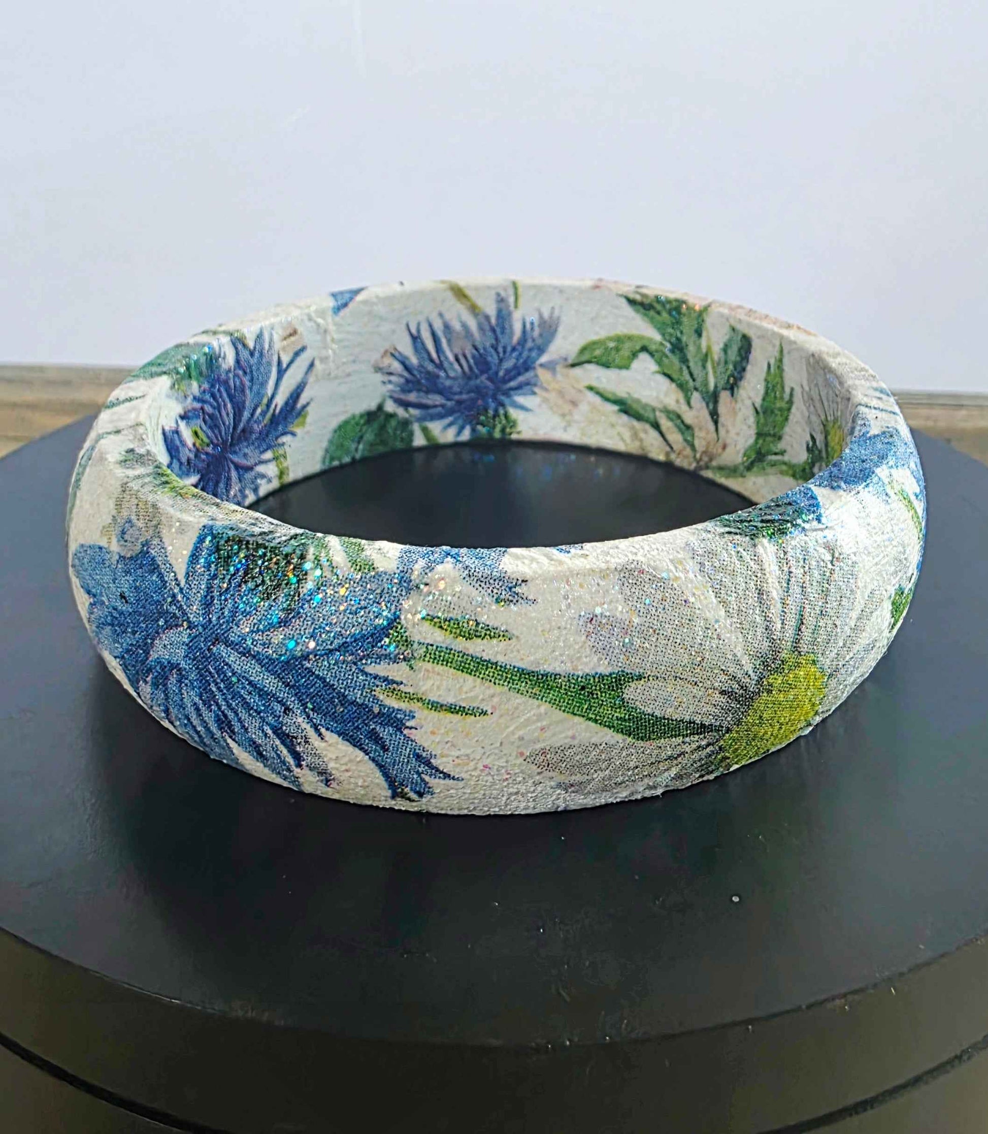 Wooden Floral Bangle | Decoupage Blue Butterfly Bracelet | Quantock Inspiration