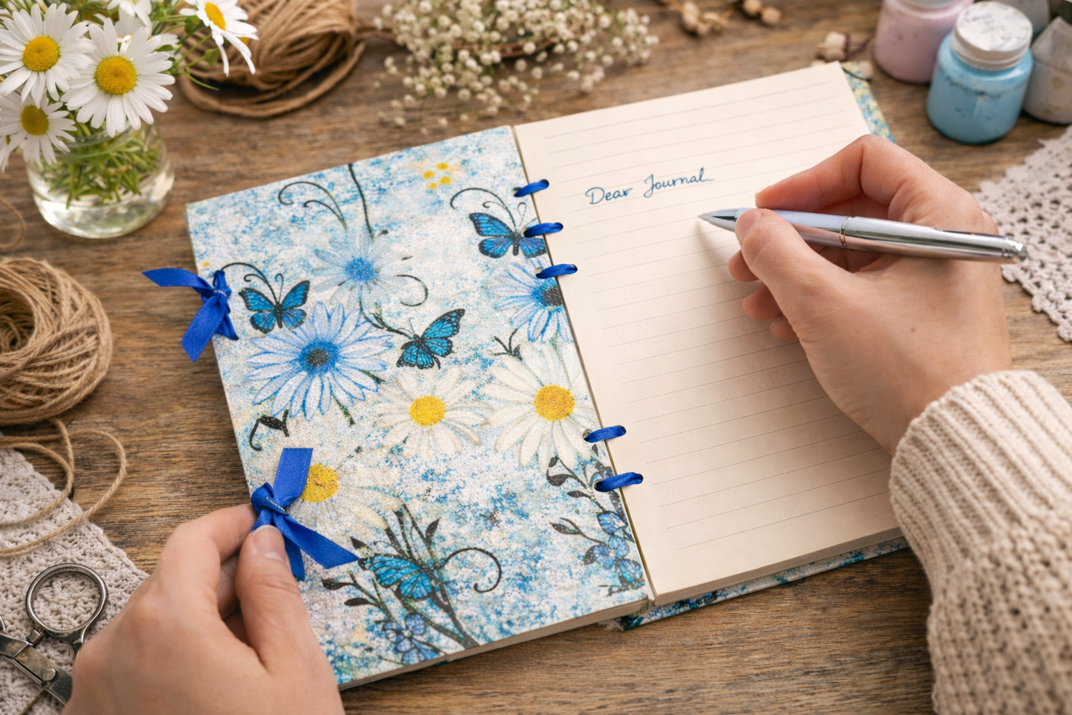 Person writing in a journal with a floral butterfly cover on a wooden table.