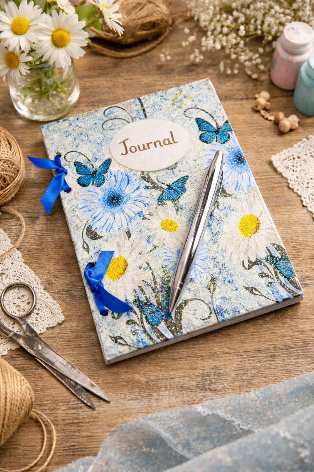 decoupage Journal with blue floral and butterfly  design and blue ribbons on a wooden surface