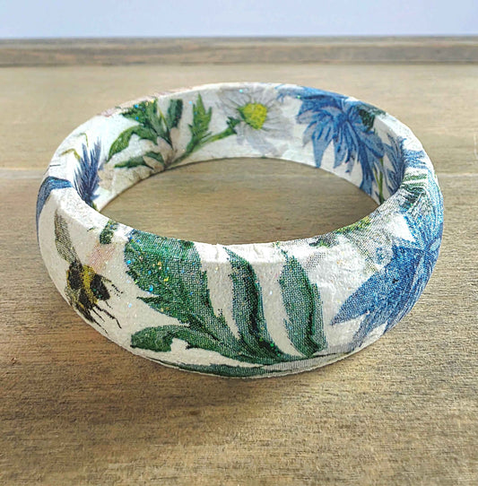 Wooden Floral Bangle | Decoupage Blue Butterfly Bracelet | Quantock Inspiration