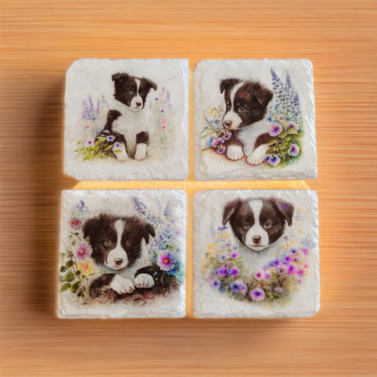 Border Collie Coasters | Decoupage Slate Set of Four | Quantock Inspiration