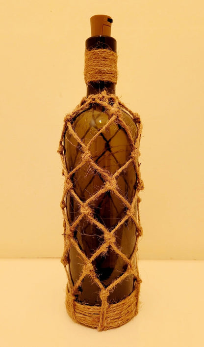 Braided Green Glass Bottle.Jute string braiding, plastic cork. LED ights. 